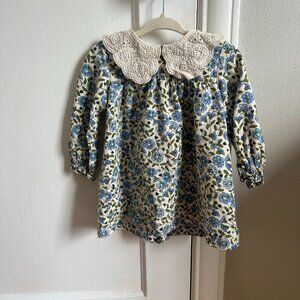 Zara Floral Kids Dress with Crochet Collar - Blue and Cream